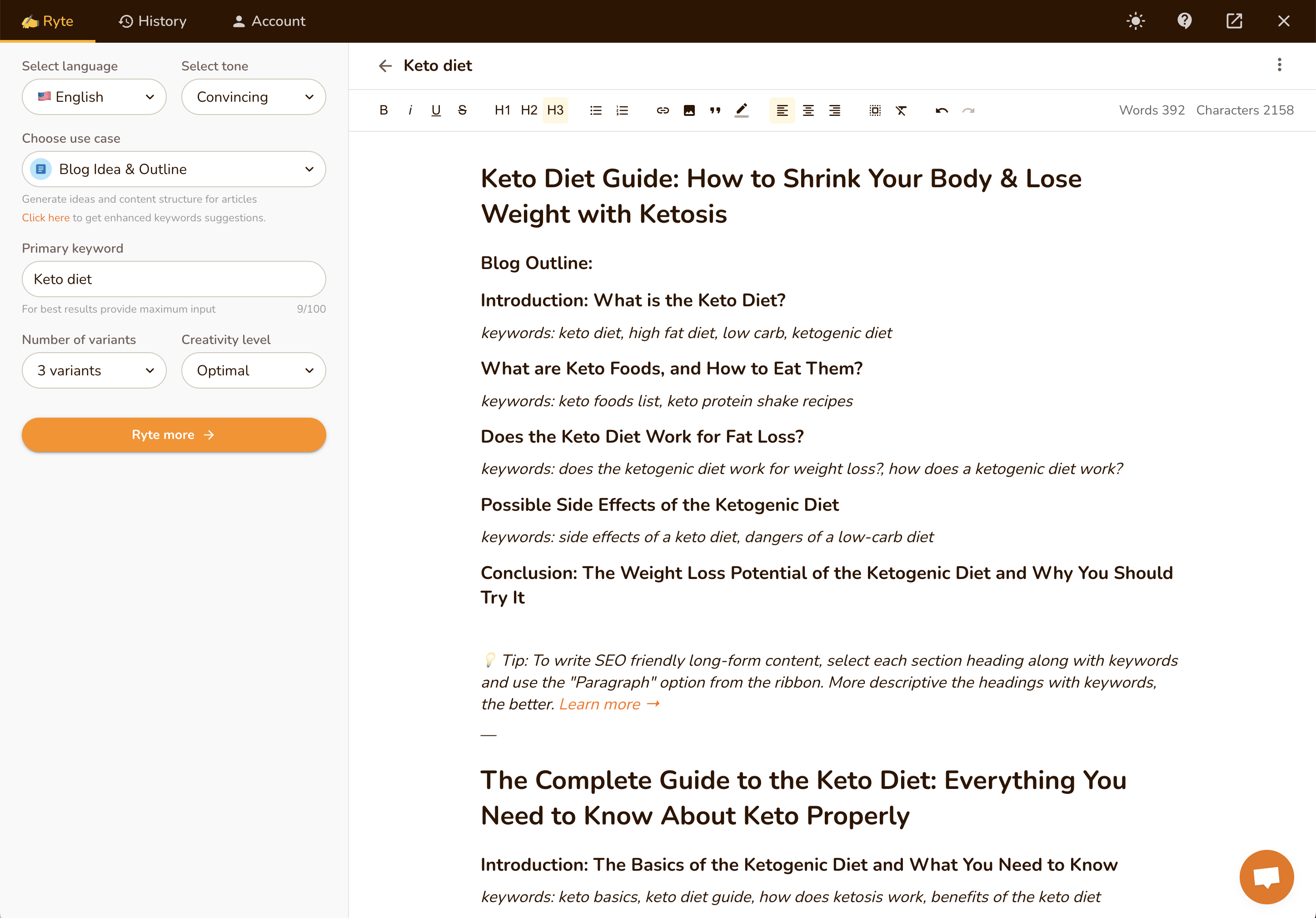 Rytr Review 5 keto diet article draft