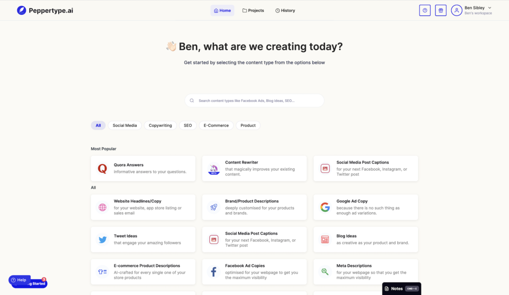Peppertype.ai dashboard